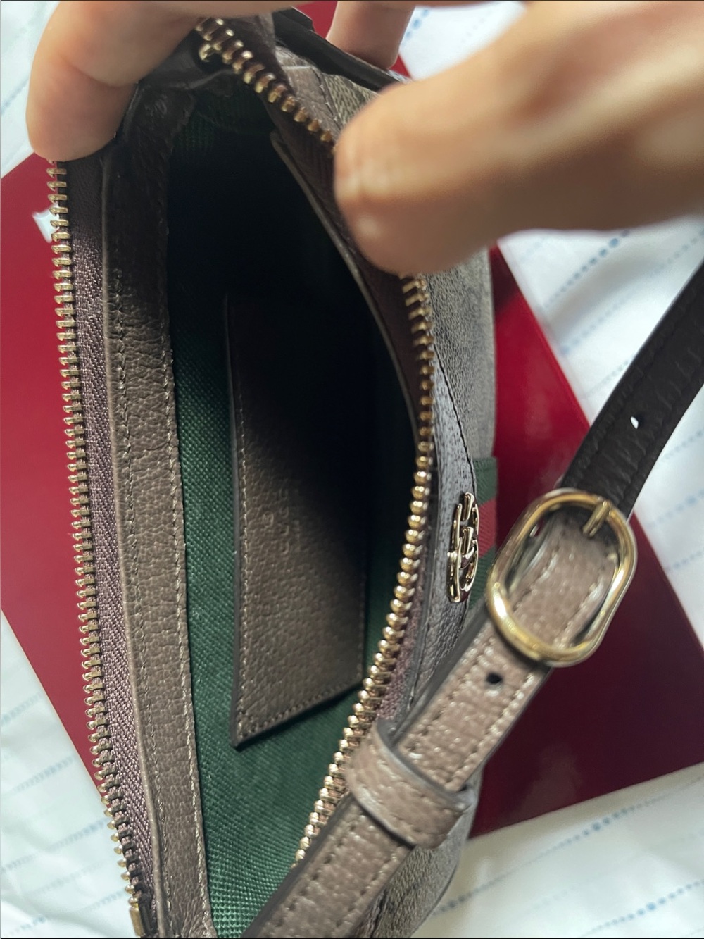 Gucci Taupe Pebbled Leather shoulder bag with Gold Hardware and Green Interior